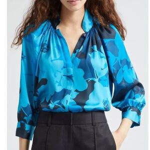 NWT Smythe Cobalt Blue Floral Gathered Satin Blouse | Size M
